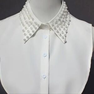 Pearl-Trim Detachable Collar Bib Shirt - White